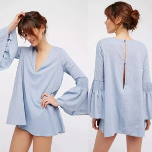 Free People Chambray Mini Dress Romper Bell Sleeve Boho Cottagecore Coastal 70s